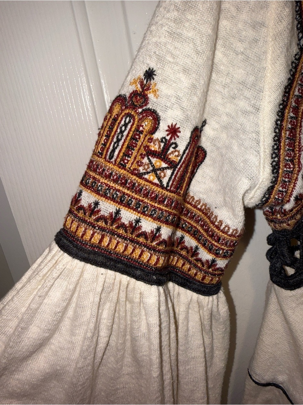 Free People Cream Snow Kisses - Boho Embroidered Tunic with Black Trim - Picture 8 of 14